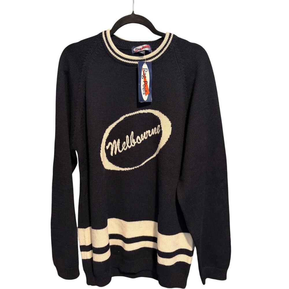 Vintage Rag Poets Melbourne Sweater XL 100% Wool Navy NWT OS